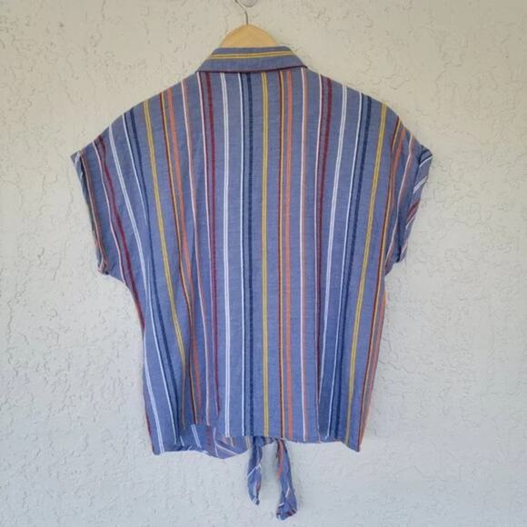Sandy & Sid Striped Knot Button Down Blouse Womens Size M Blue Multi Cropped - Picture 5 of 10